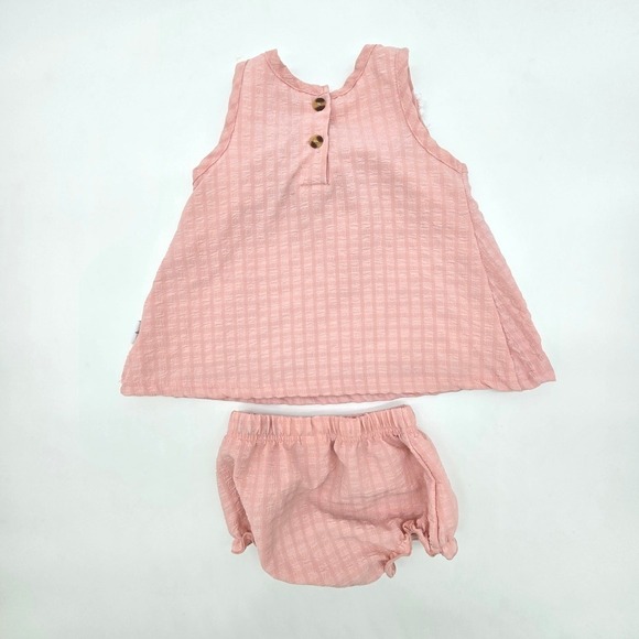 Ivy + Hill Baby Girl Pink Seersucker Ruffle Pom Pom Top and Bloomers Set 12-18M - Picture 2 of 3